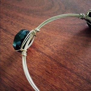 Silver Wrapped Wire Bangle with Four Faceted Black Beads